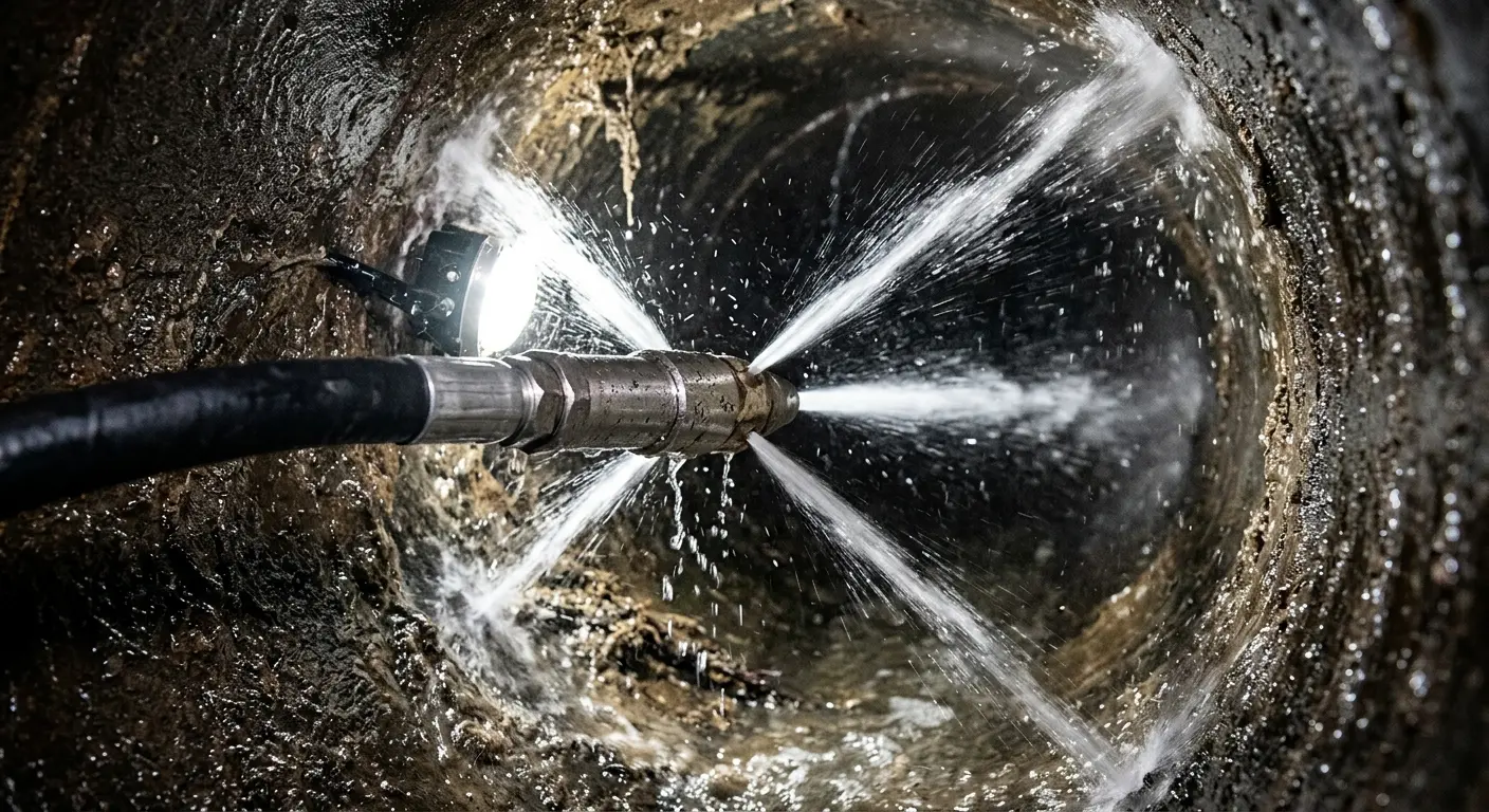 High-pressure hydro jetting nozzle cleaning sewer pipe for Emergency Drain Service in Carlisle