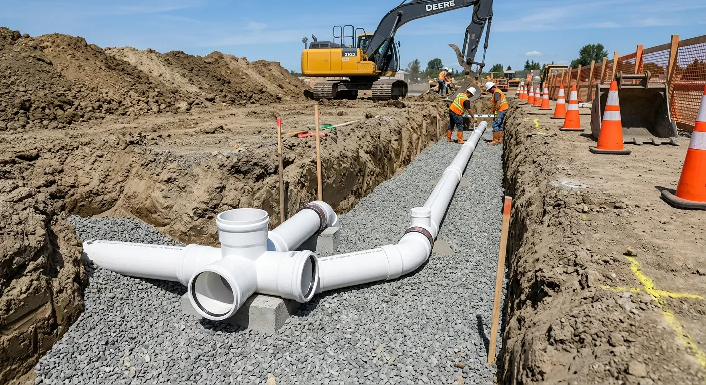 New PVC sewer pipe installation in open trench for Sewer Backup in Carlisle