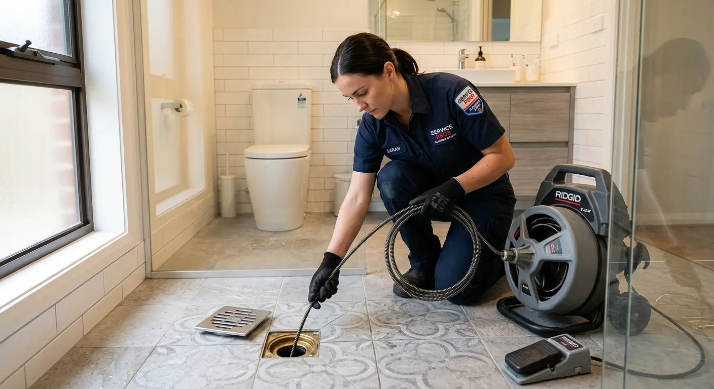 Technician clearing a bathroom floor drain for Sewer Line Replacement in Carlisle